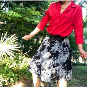 Petite Black, Gray, and White Floral Midi Skirt